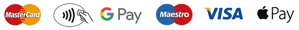 Elfogadott fizetési módok: Mastercard, érintésmentes fizetés, Google Pay, Maestro, Visa, Apple Pay